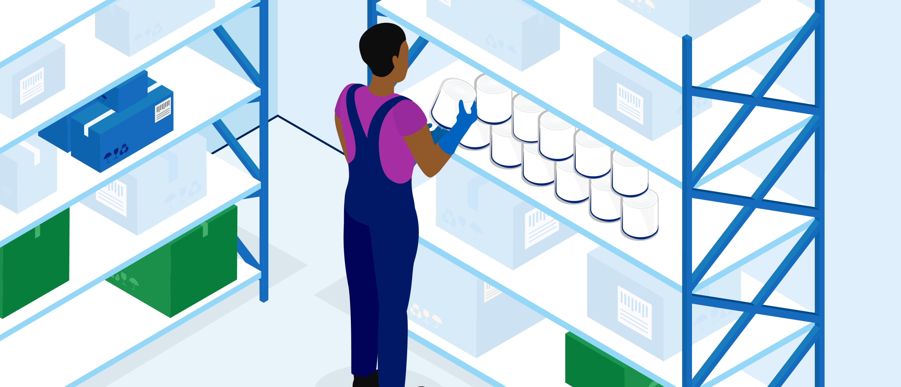 A worker in overalls placing coreless toilet paper rolls on a storage shelf amid stacked boxes.