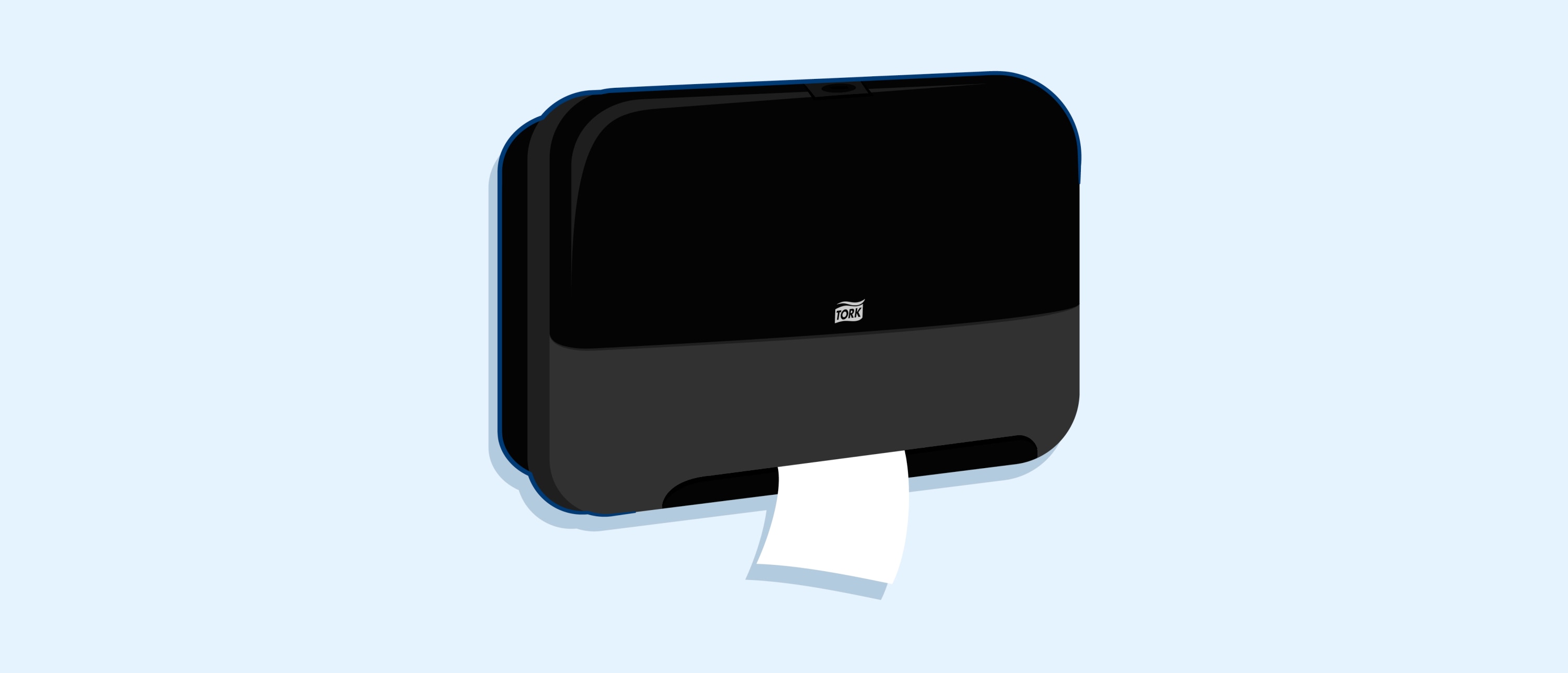 Black wall-mounted dispenser with a single sheet of coreless toilet paper visible against a pale blue background.