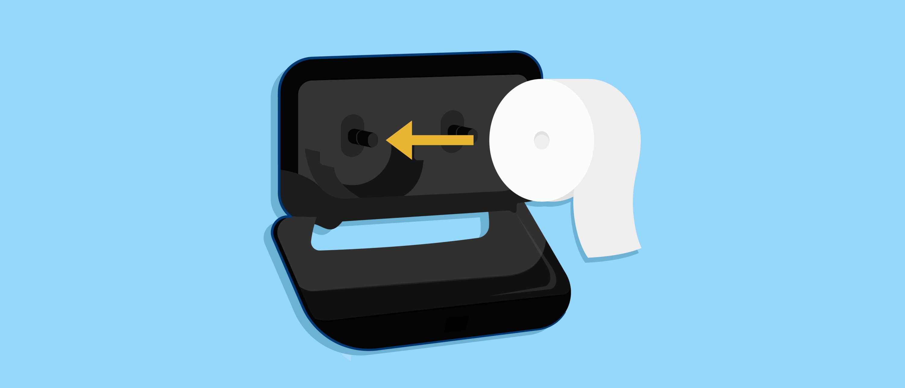 Coreless toilet paper roll being inserted into an open black wall-mounted dispenser with arrow showing correct installation direction.