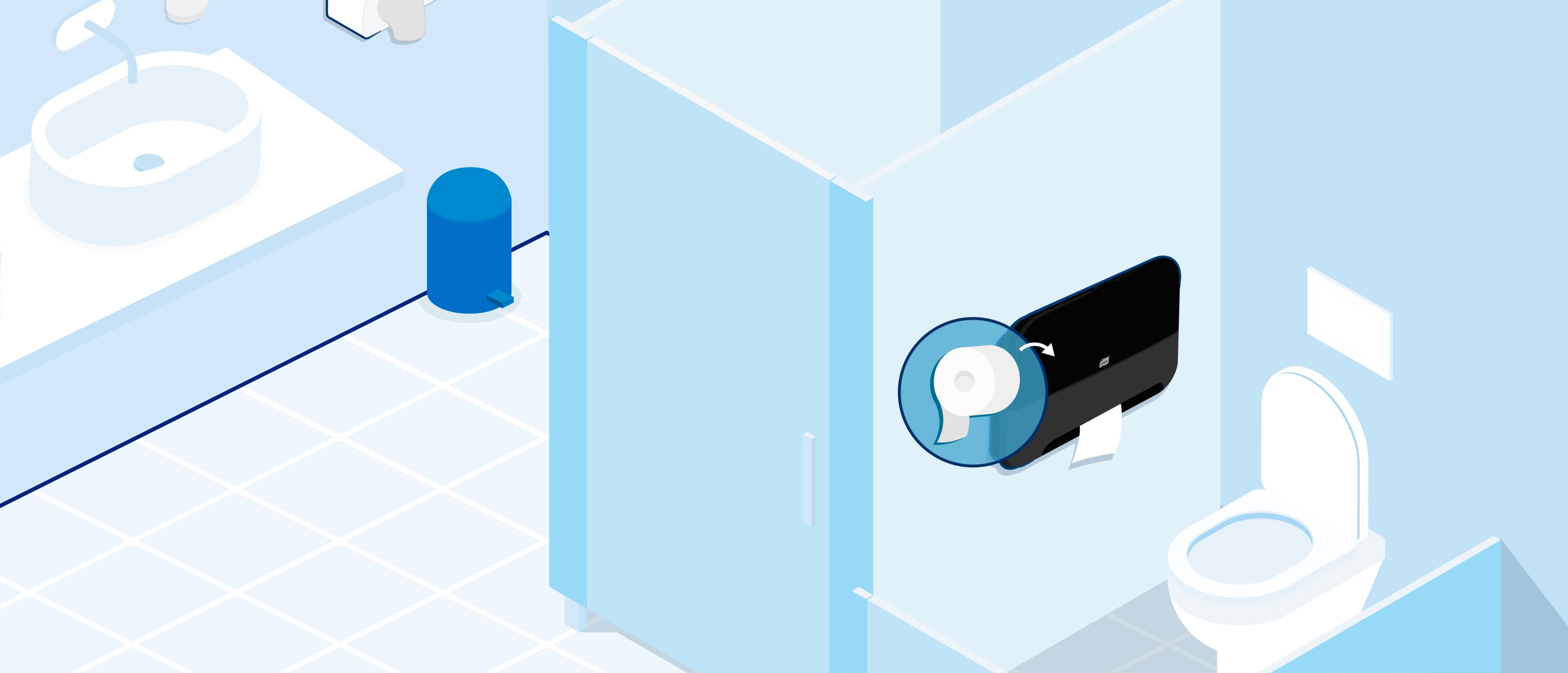 Coreless toilet paper roll installed in a black wall-mounted commercial dispenser inside a light blue restroom stall next to a white toilet.