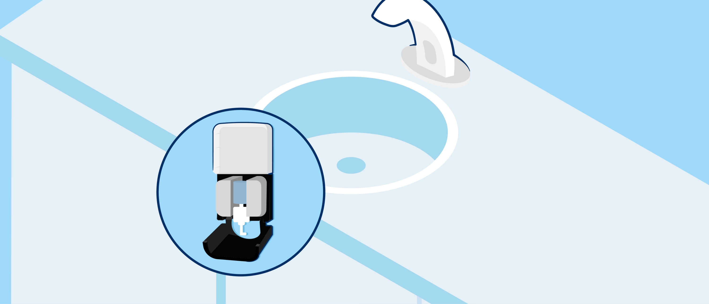 A bathroom sink with a faucet and drain, with a circular inset showing an open Tork soap dispenser.