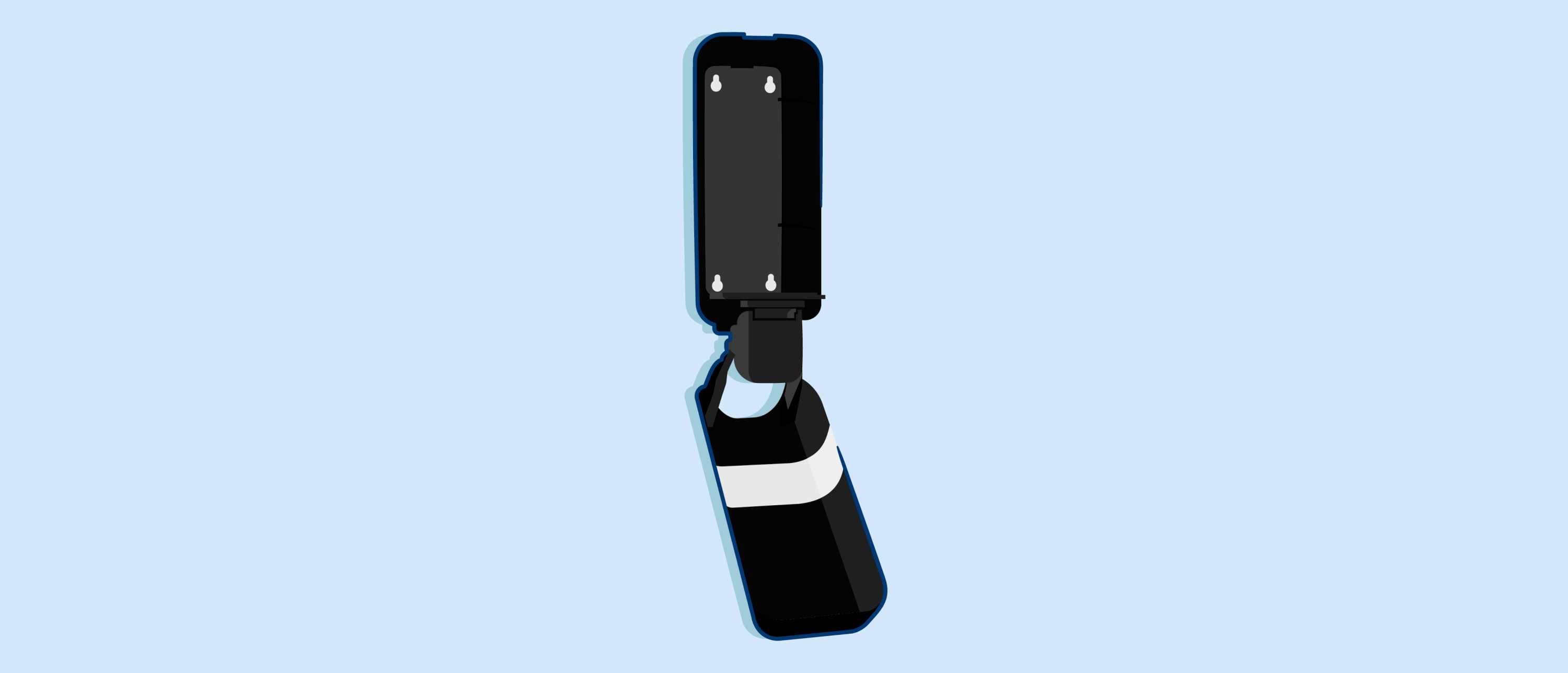 An open, black Tork soap dispenser against a light blue background.