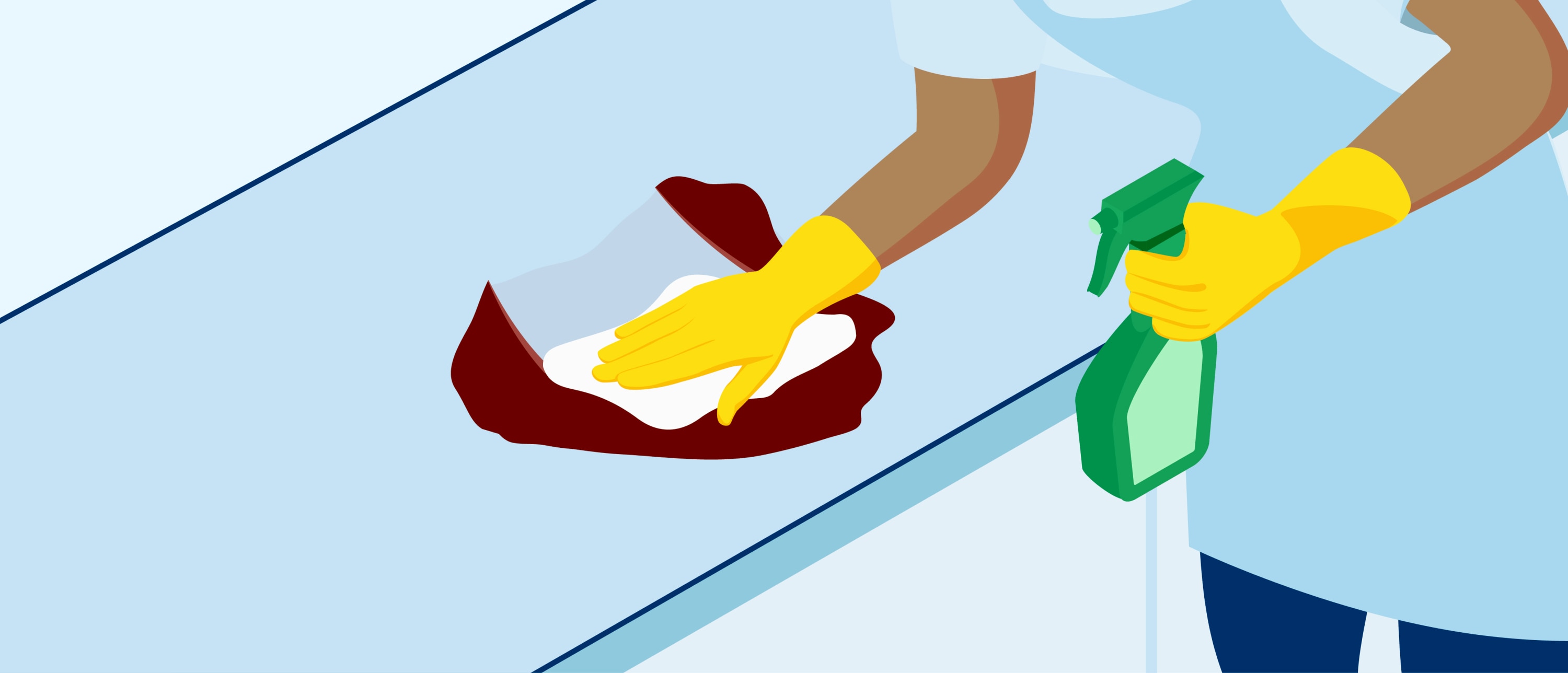 Close-up of hands in yellow gloves wiping a countertop spill with a Tork cleaning cloth while holding a green spray bottle.
