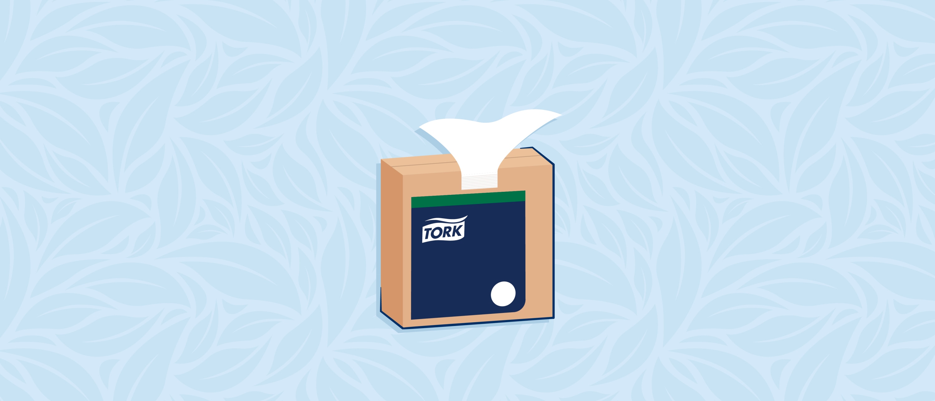 Boxed Tork dispenser dispensing one white Tork cleaning cloth, centered on a stylized blue leaf-pattern background.