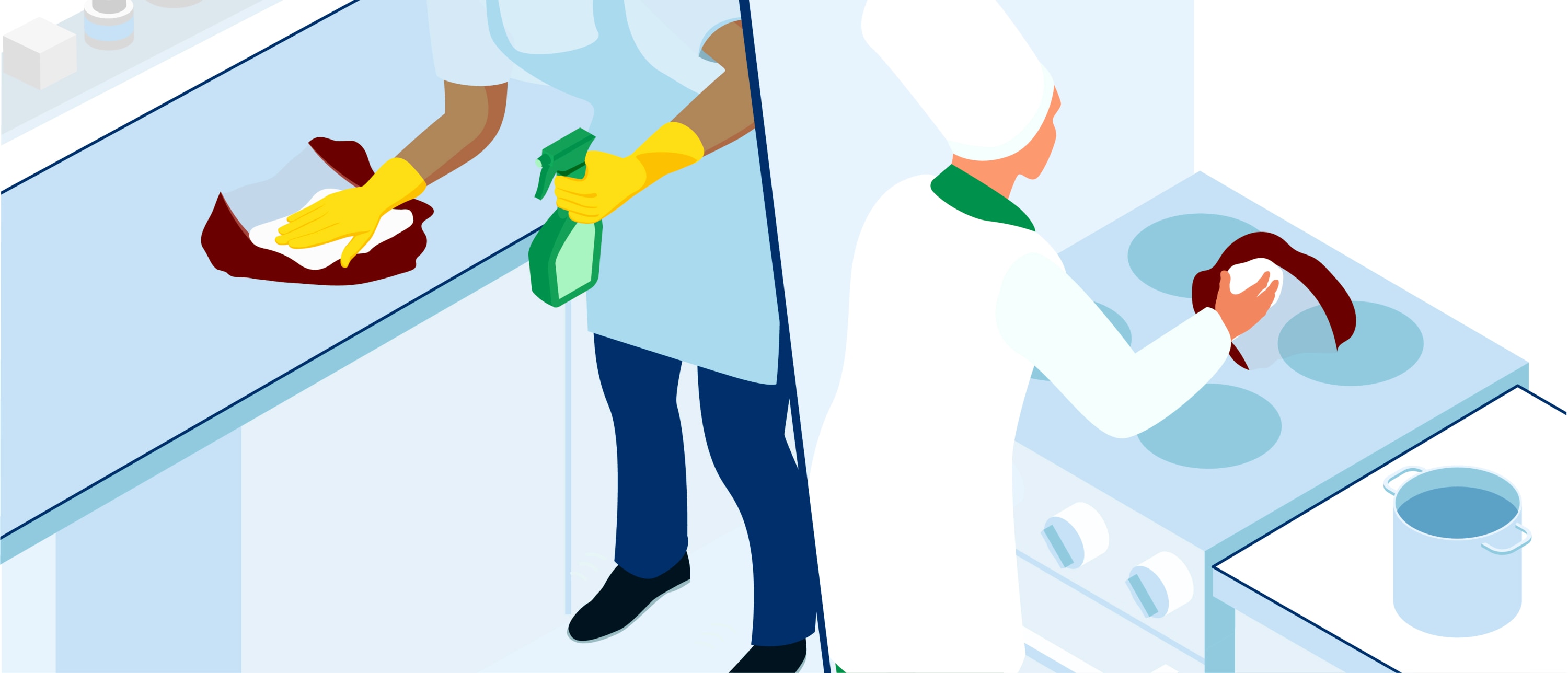Split illustration: on the left, a gloved cleaner sprays and wipes a countertop; on the right, a chef wipes a stovetop burner with a cloth.