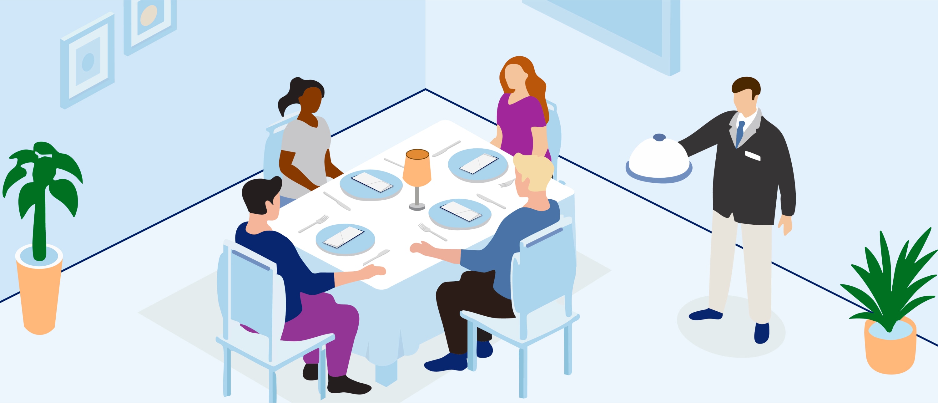 Four people seated at a table in a light-blue dining room as a waiter approaches with a covered dish. Soap dispensers are key to maintaining
