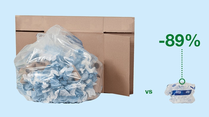 Plastic bag filled with toliet paper rolls. A label on the bin indicates that 92% of these items can be recycled.