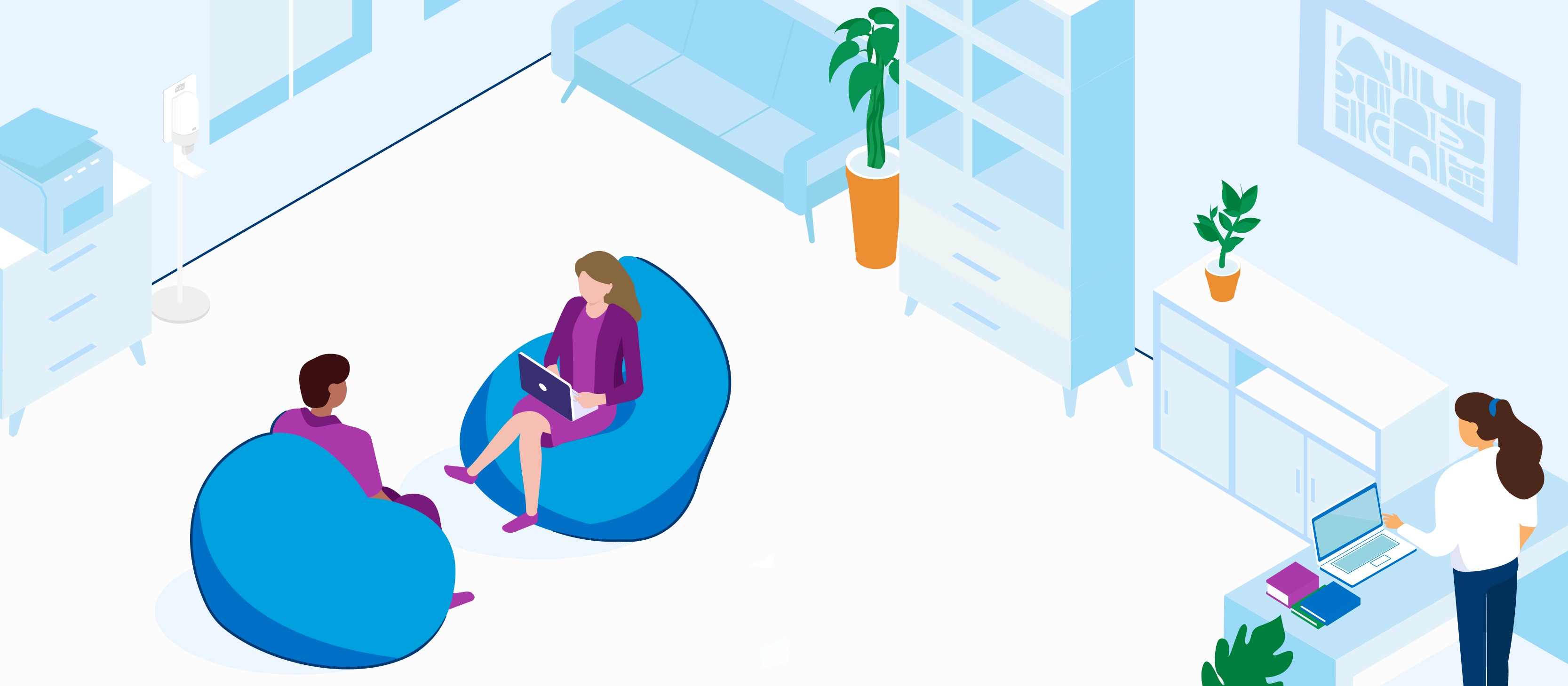 Employees working in an office at standing desks and on bean bags Employees working in an office at standing desks and on bean bags