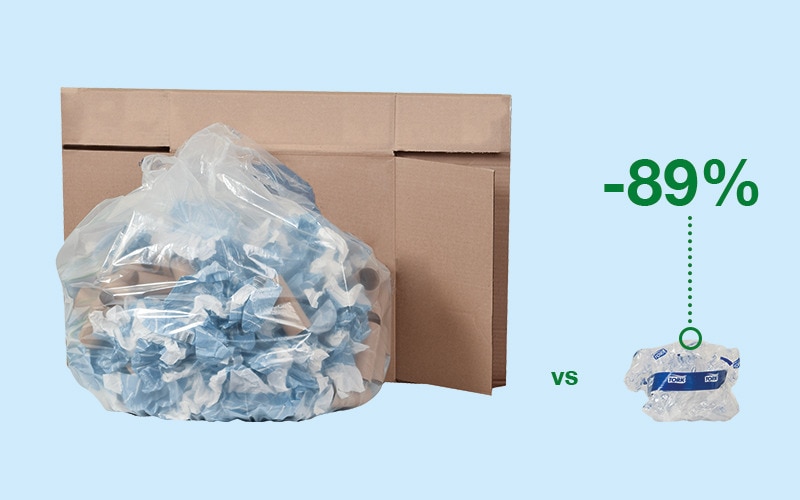 Plastic bag filled with toliet paper rolls. A label on the bin indicates that 89% of these items can be recycled.