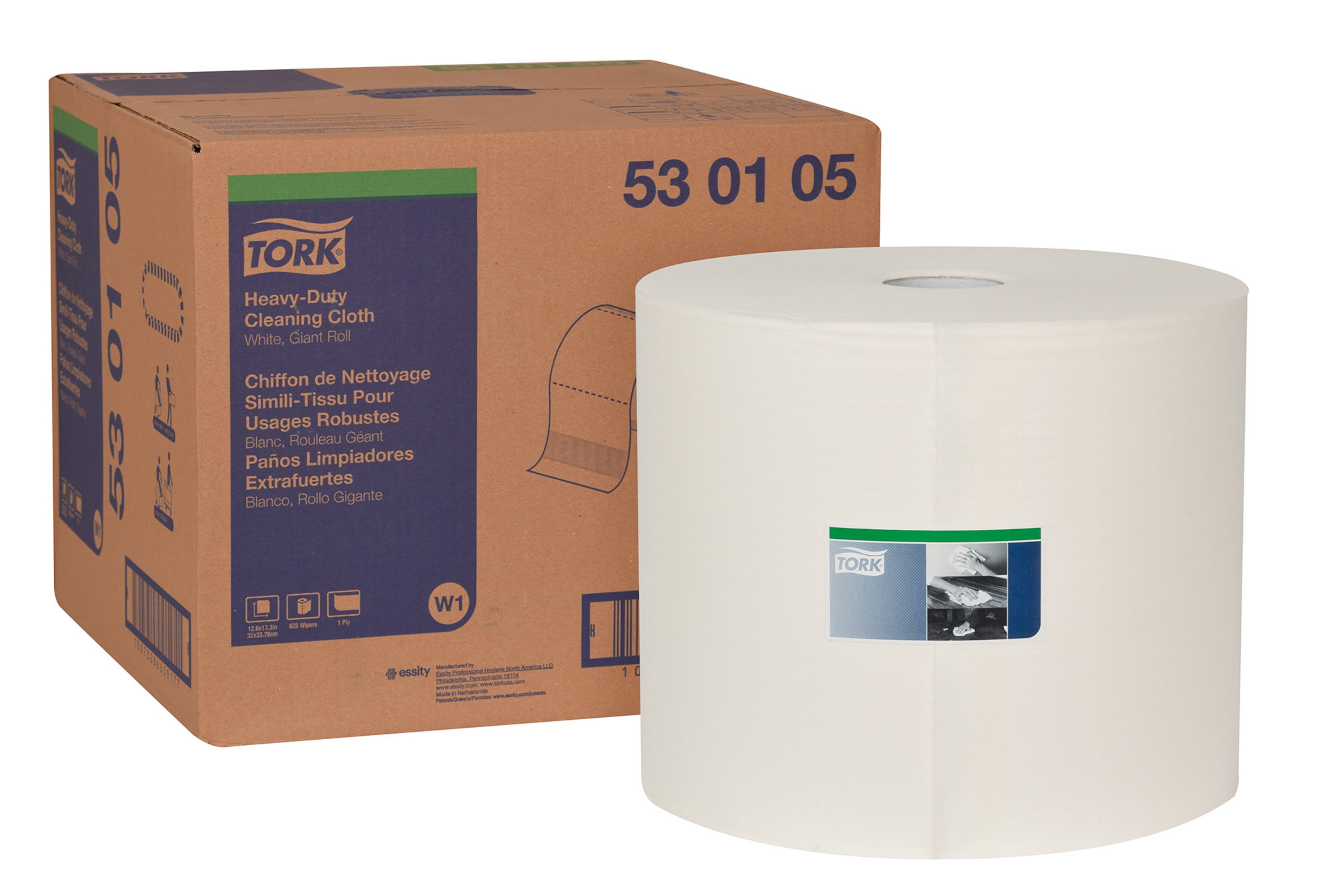 Chiffon simili-tissu de nettoyage Tork pour usages robustes, sortie par le centre, rouleau géant