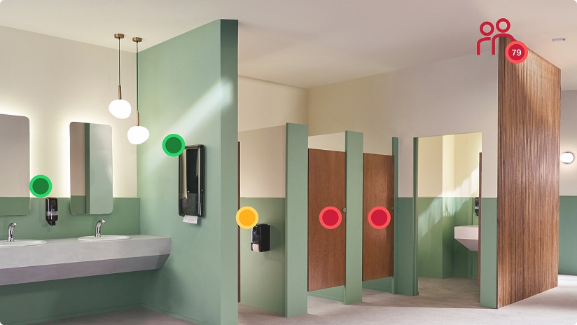 Restroom featuring IoT enabled Tork dispensers that display realtime refill status data Restroom featuring IoT enabled Tork dispensers that display realtime refill status data