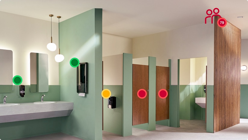 Restroom featuring IoT enabled Tork dispensers that display realtime refill status data Restroom featuring IoT enabled Tork dispensers that display realtime refill status data
