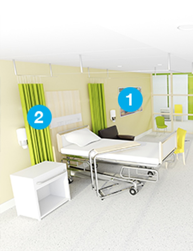 Jak umístit zásobníky v jednolůžkovém pokoji pro pacienty