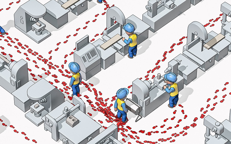 Illustration af produktionsmedarbejdere i en industriel bygning med sikkerhedshjelme på set ovenfra og med visning af deres fodaftryk, så man kan følge deres bevægelser.