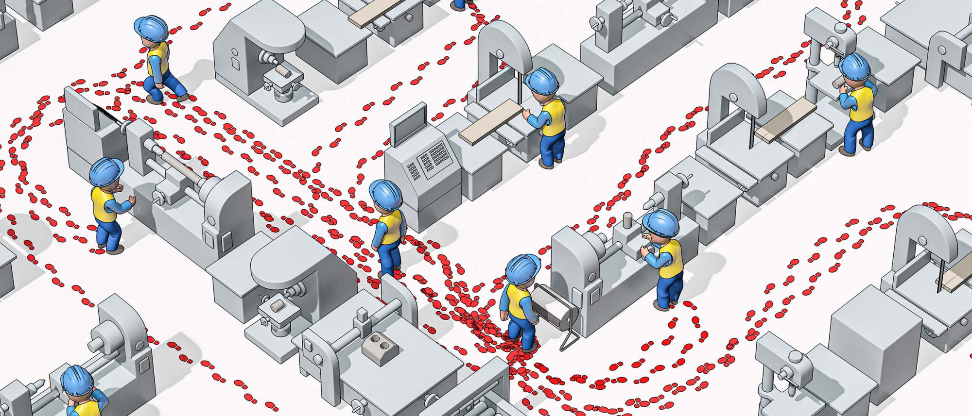 Illustrated image of industry workers in safety helmets seen from above in an industrial environment with their footprints visible to illustrate their movements. Illustrated image of industry workers in safety helmets seen from above in an industrial environment with their footprints visible to illustrate their movements.