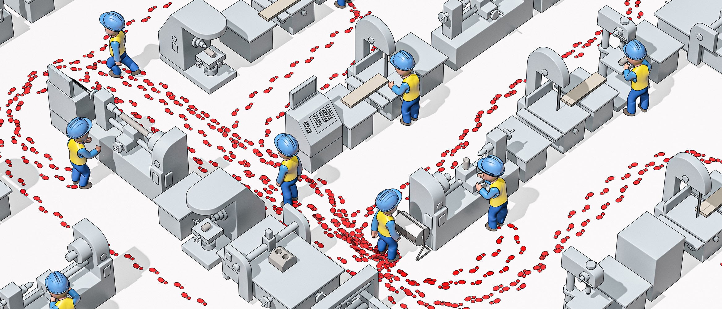 Illustrated image of industry workers in safety helmets seen from above in an industrial environment with their footprints visible to illustrate their movements.