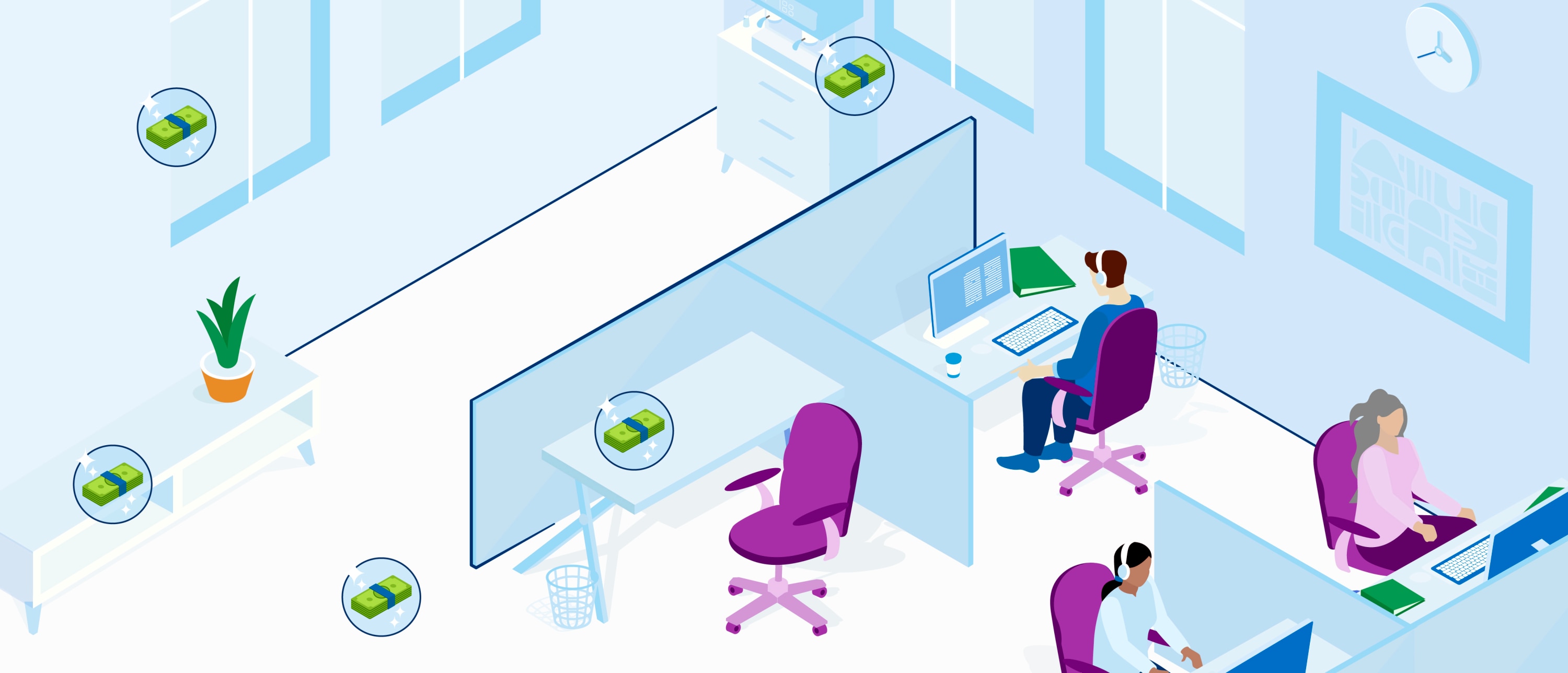 Open-plan office with three people working at desks and floating money icons in circles.