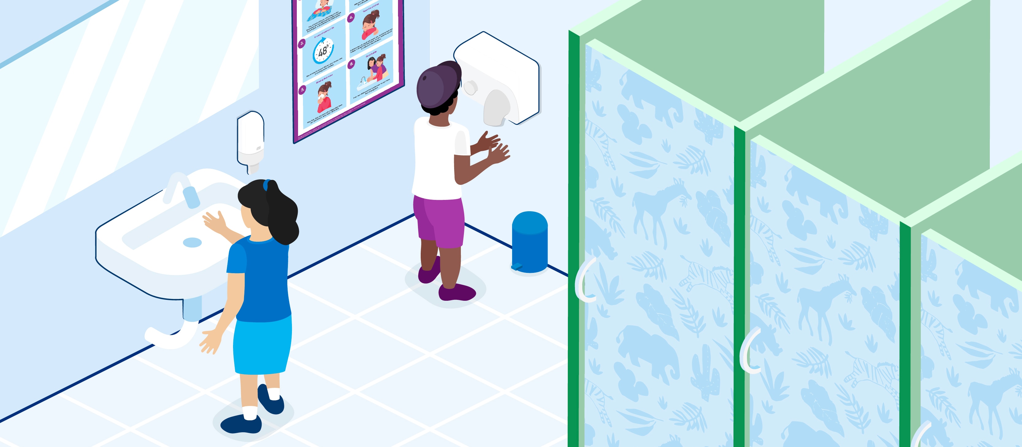 Children washing and drying their hands in a public bathroom