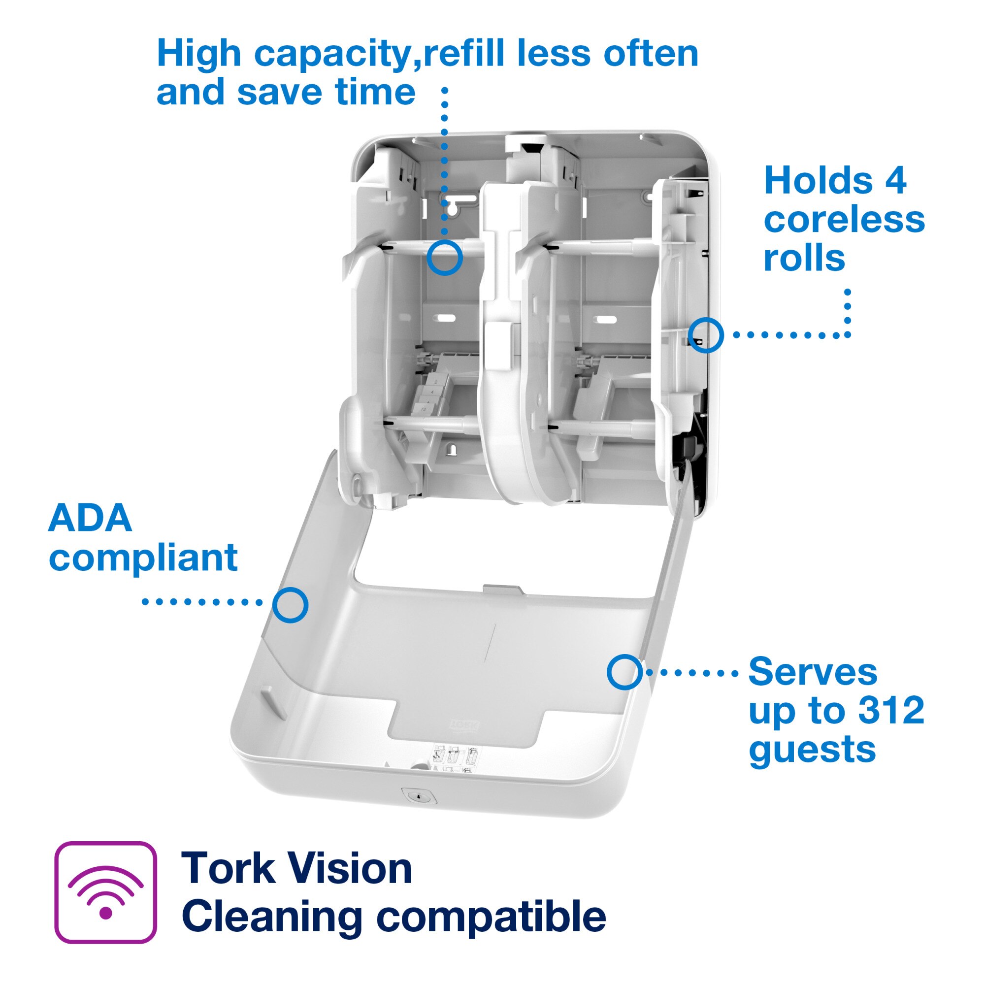 Tork OptiServe® 4-Roll Coreless Toilet Paper Dispenser White T7/T5