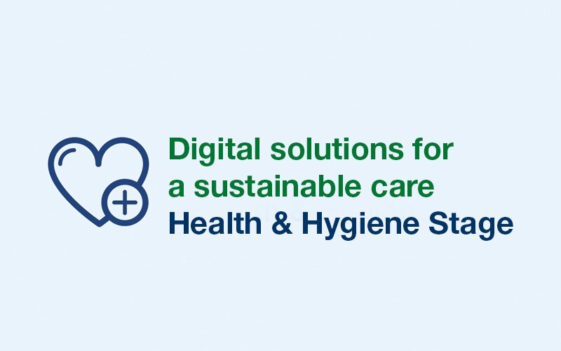 Icon of a heart with a plus and text "Digital solutions for a sustainable care, Health & Hygiene Stage"