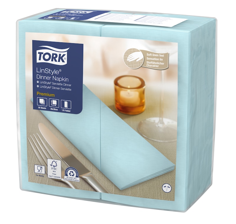 Tork Premium Linstyle® Serviette Dinner, Bleu aqua, pliage 1/8