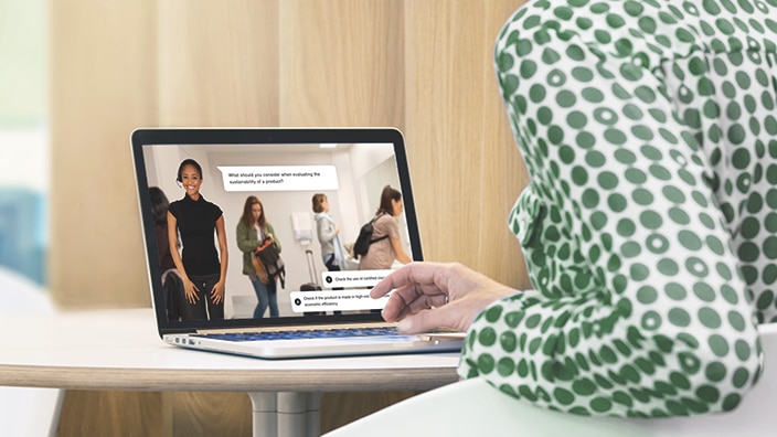 A laptop screen and a woman writing on her laptop, and text on image saying" Learn about sustainability"