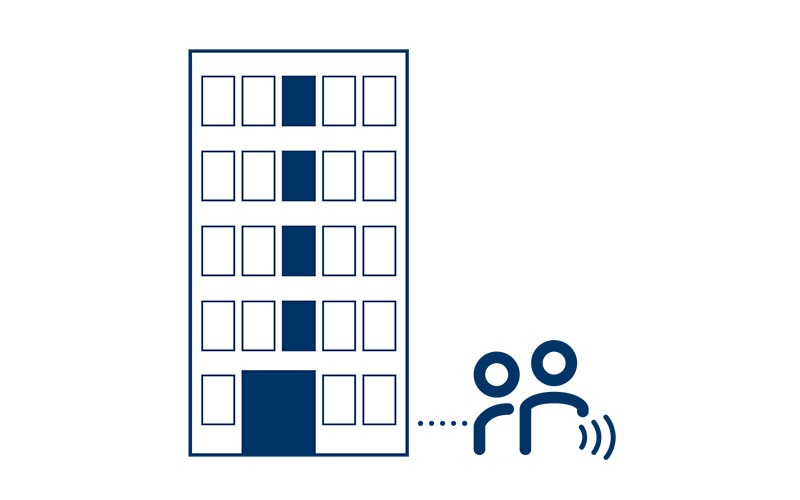 Donkerblauw pictogram van vijf verdiepingen tellend gebouw met bezoekersteller