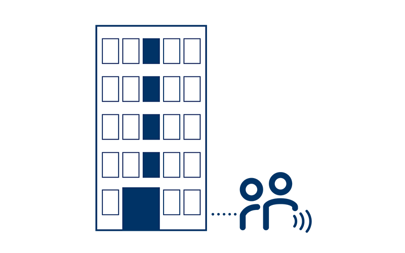 Dark blue icon of five story building with people counter