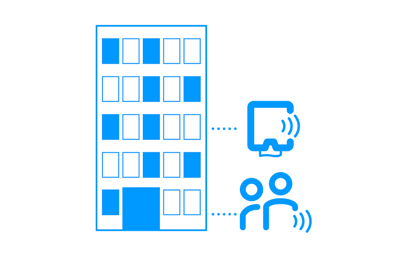 Title text has not been added Medium blue icon of five story building with people counter and IoT connected dispenser