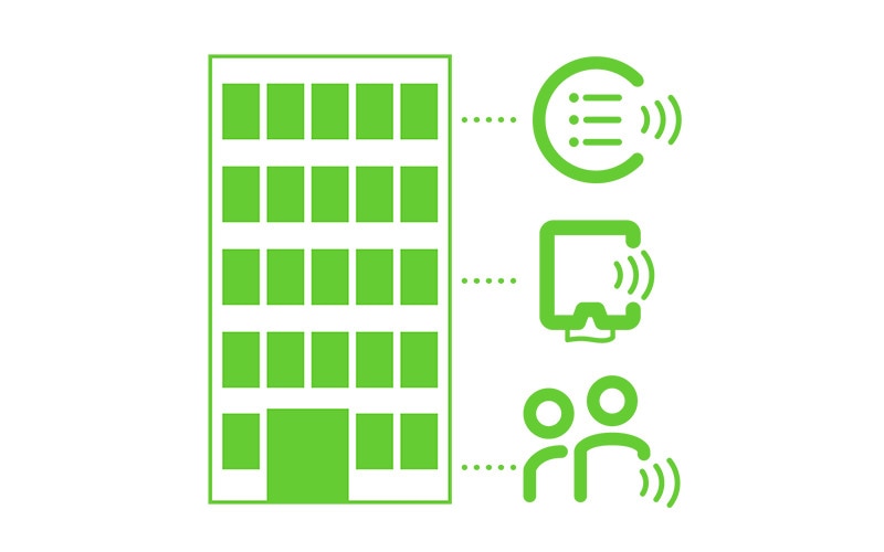 Penkių aukštų pastato žalioji piktograma su žmonių skaitikliu, su daiktų internetu sujungtu dozatoriumi ir skaitmeniniais valymo planais
