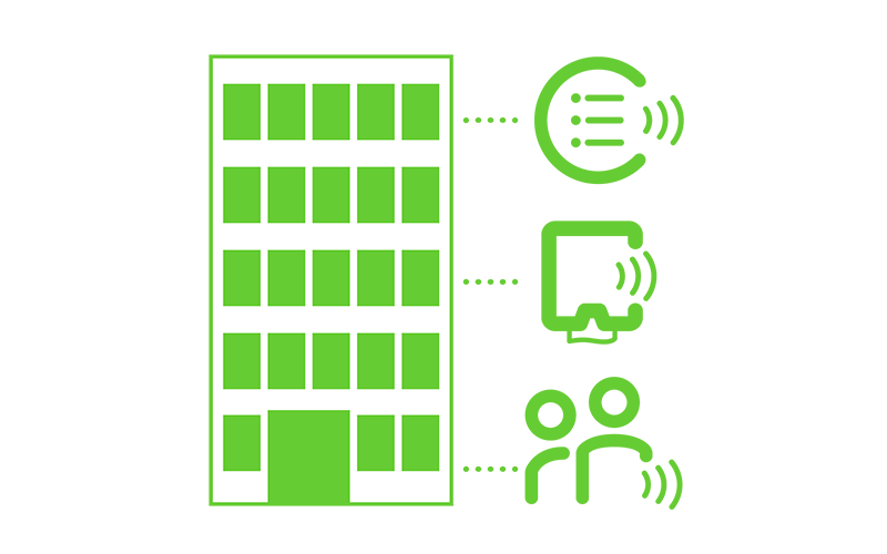 Green icon of five story building with people counter, IoT connected dispenser and digital cleaning plans