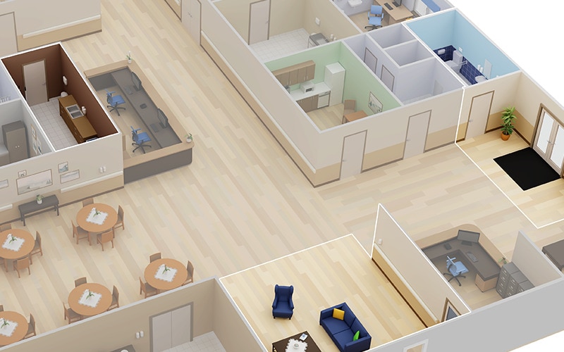 Obraz 3D przestrzeni ogólnodostępnej i obszaru przeznaczonego tylko dla personelu