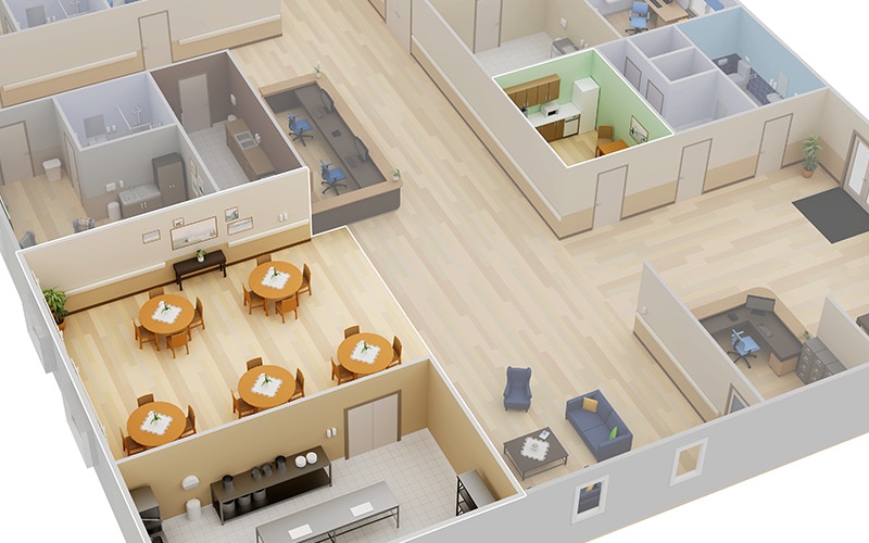 3D billede af køkken og spiseområder