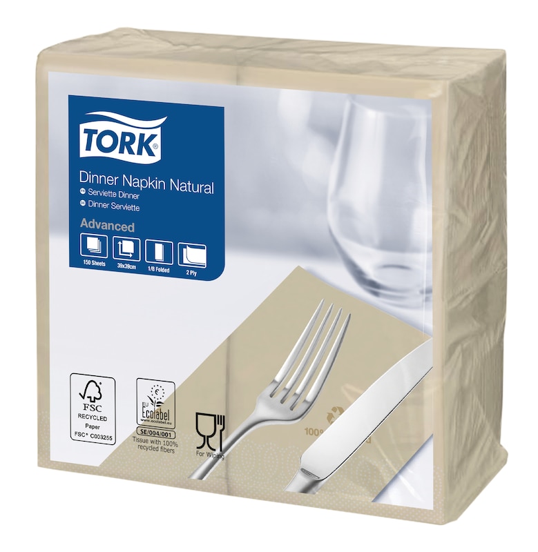 Tork Dinner szalvéta, 1/8 hajtogatás, natúr, környezetbarát nyomattal