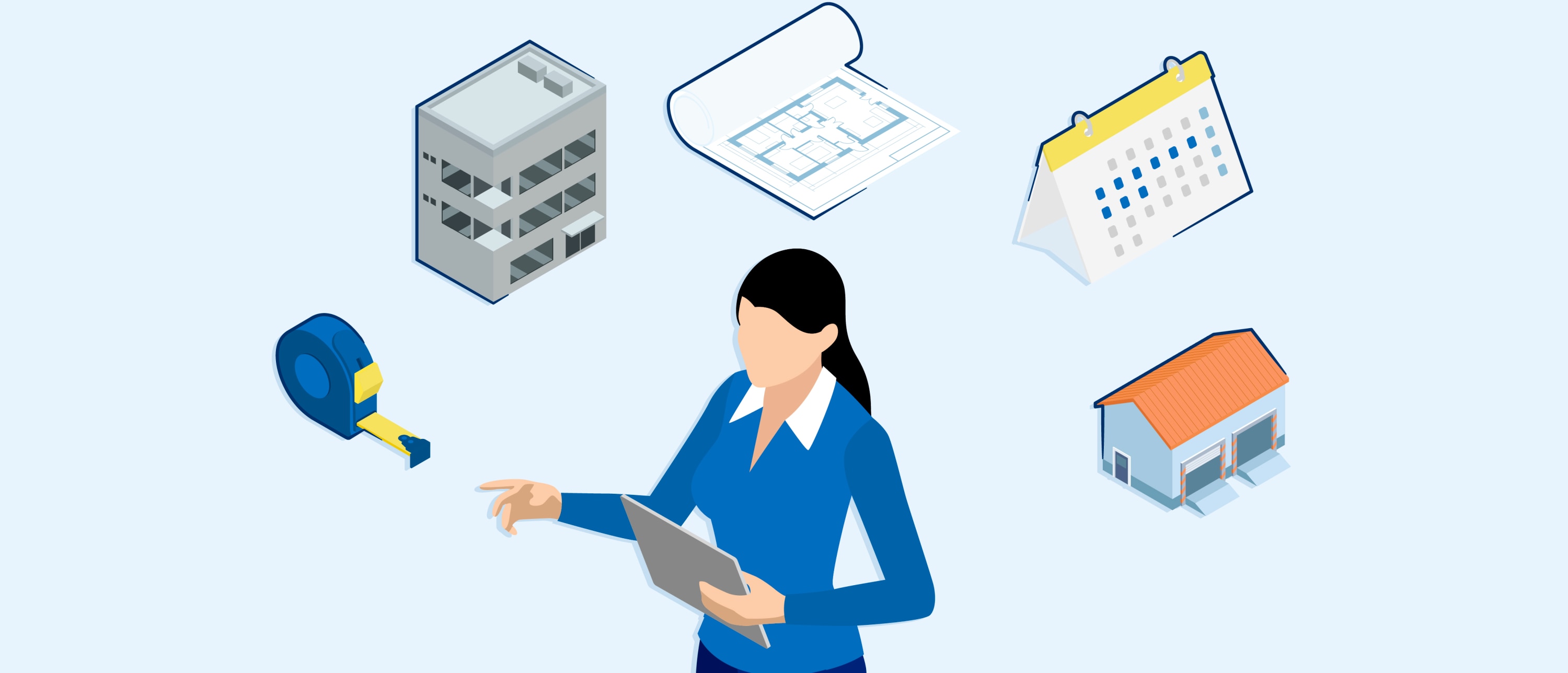 Woman holding a clipboard, surrounded by icons, including a building, blueprint, calendar, tape measure, and warehouse, representing the factors that affect how to price commercial cleaning jobs.
