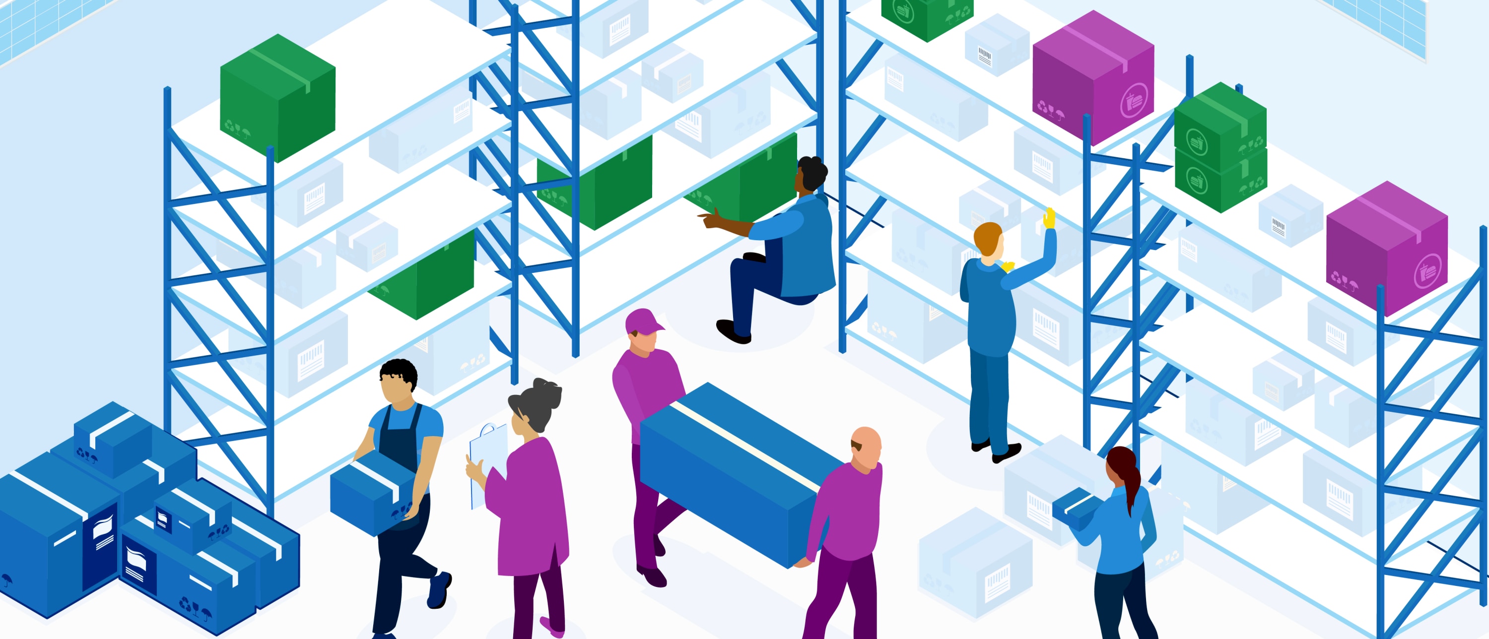 Isometric warehouse scene with workers stocking, scanning, and carrying boxes on tall shelves, leading to motion waste.