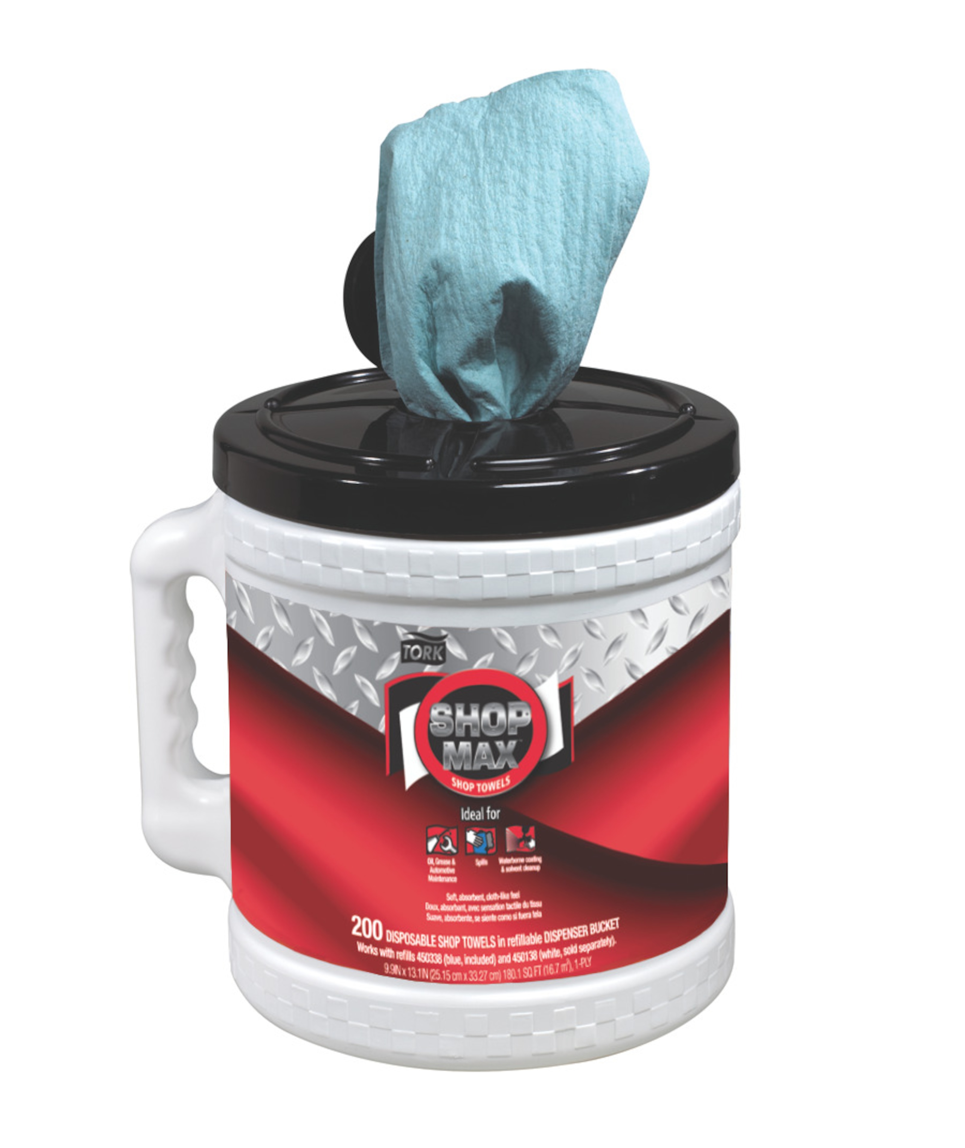 Seau de lingettes sèches Tork ShopMax ultra-résistantes à dévidage central, Bleu W22