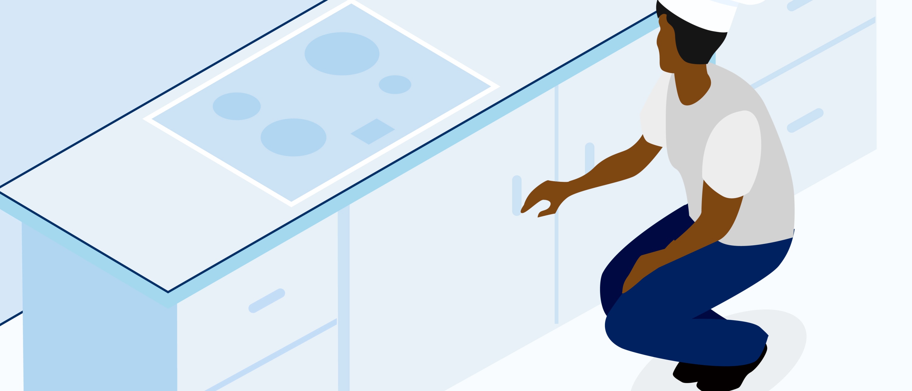 Person kneeling and opening a lower kitchen cabinet next to a stovetop.
