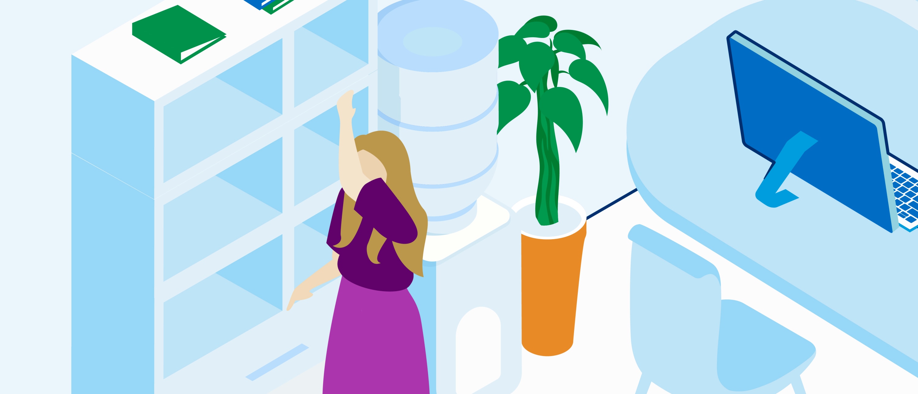 Woman reaching up by office shelves next to a water cooler and plant, increasing motion waste.
