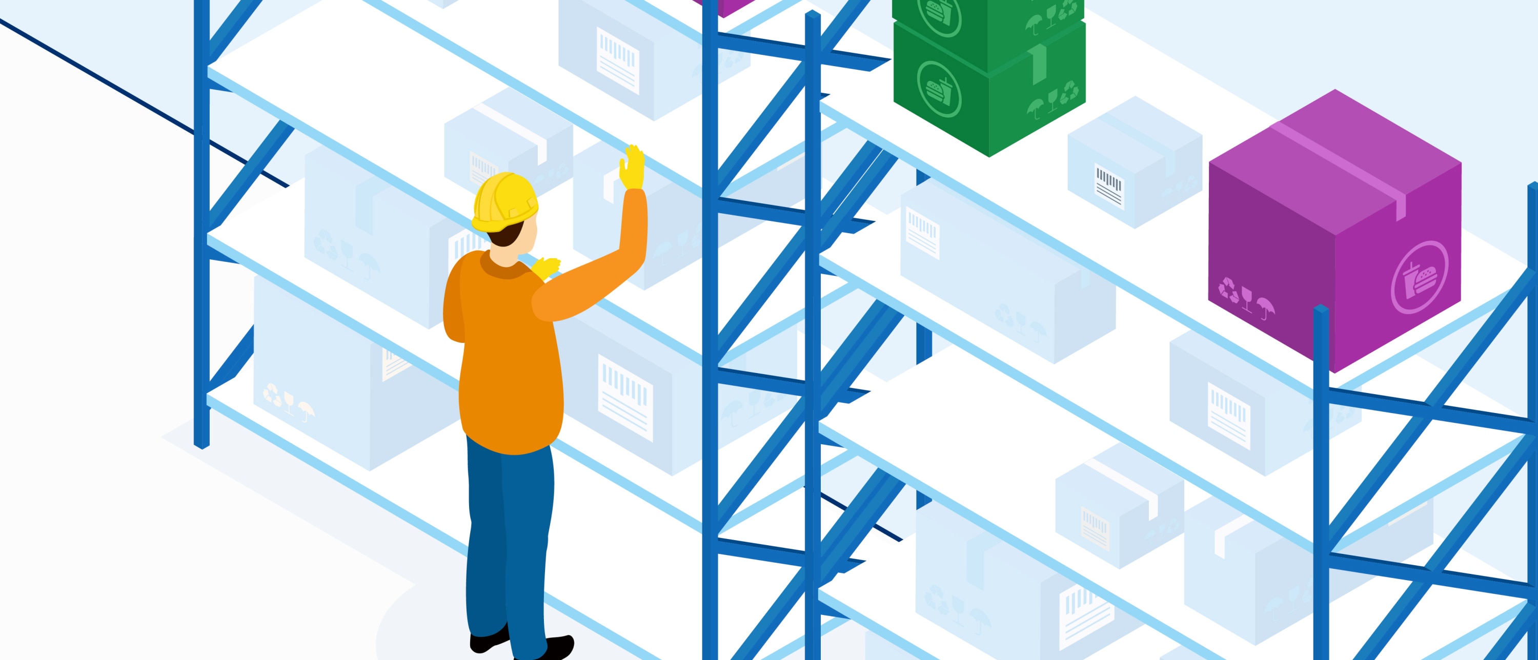 Worker in a hard hat reaching for a box on tall warehouse shelving with stacked packages.