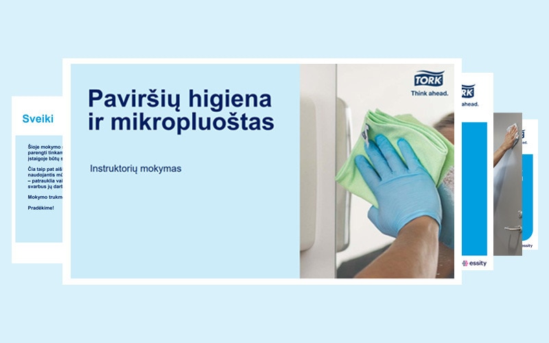 „Powerpoint“ skaidrė, kurioje pateikiama informacija punktais apie valymo svarbą ligoninėse