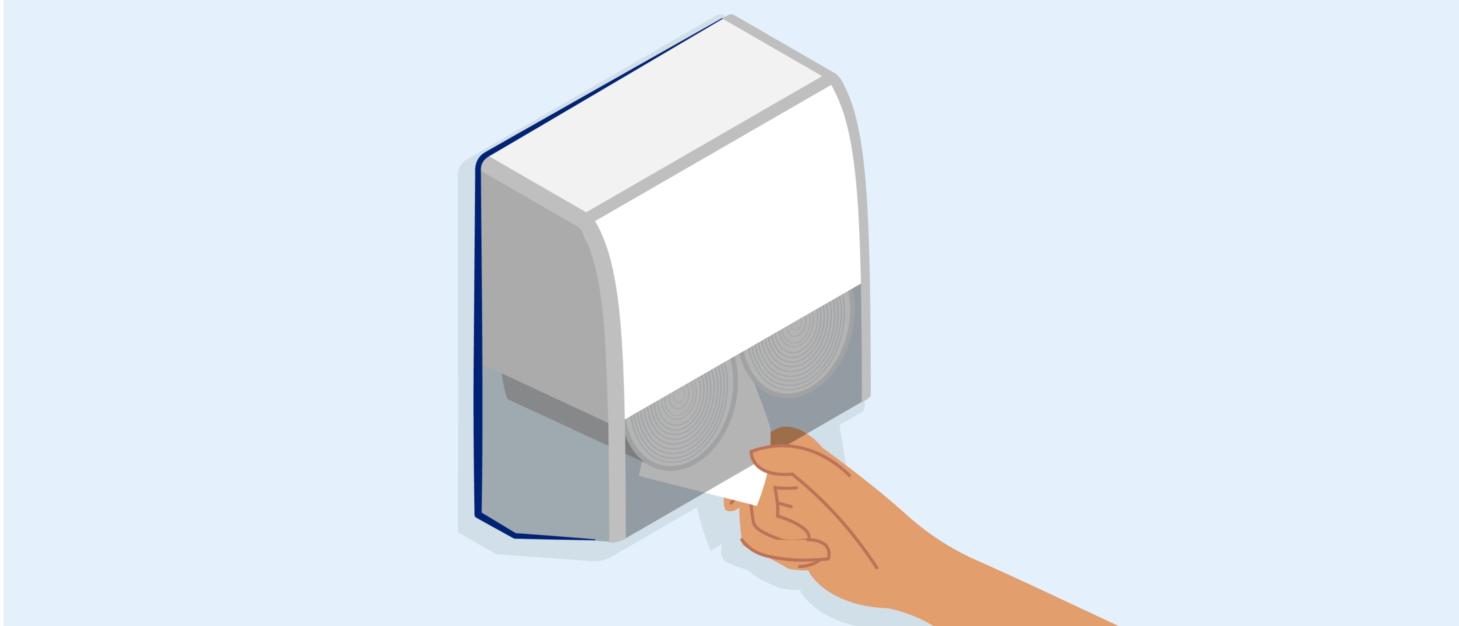 Hand pulling a sheet from a wall-mounted dual coreless toilet paper dispenser, showing two coreless toilet paper rolls inside.