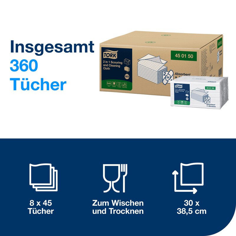 Produktbild von Tork 2-in-1 Scheuertuch W8 – 45 Weiße Tücher, Wiederverwendbar, Für Hartnäckige Verschmutzungen – Schonend & Flexibel