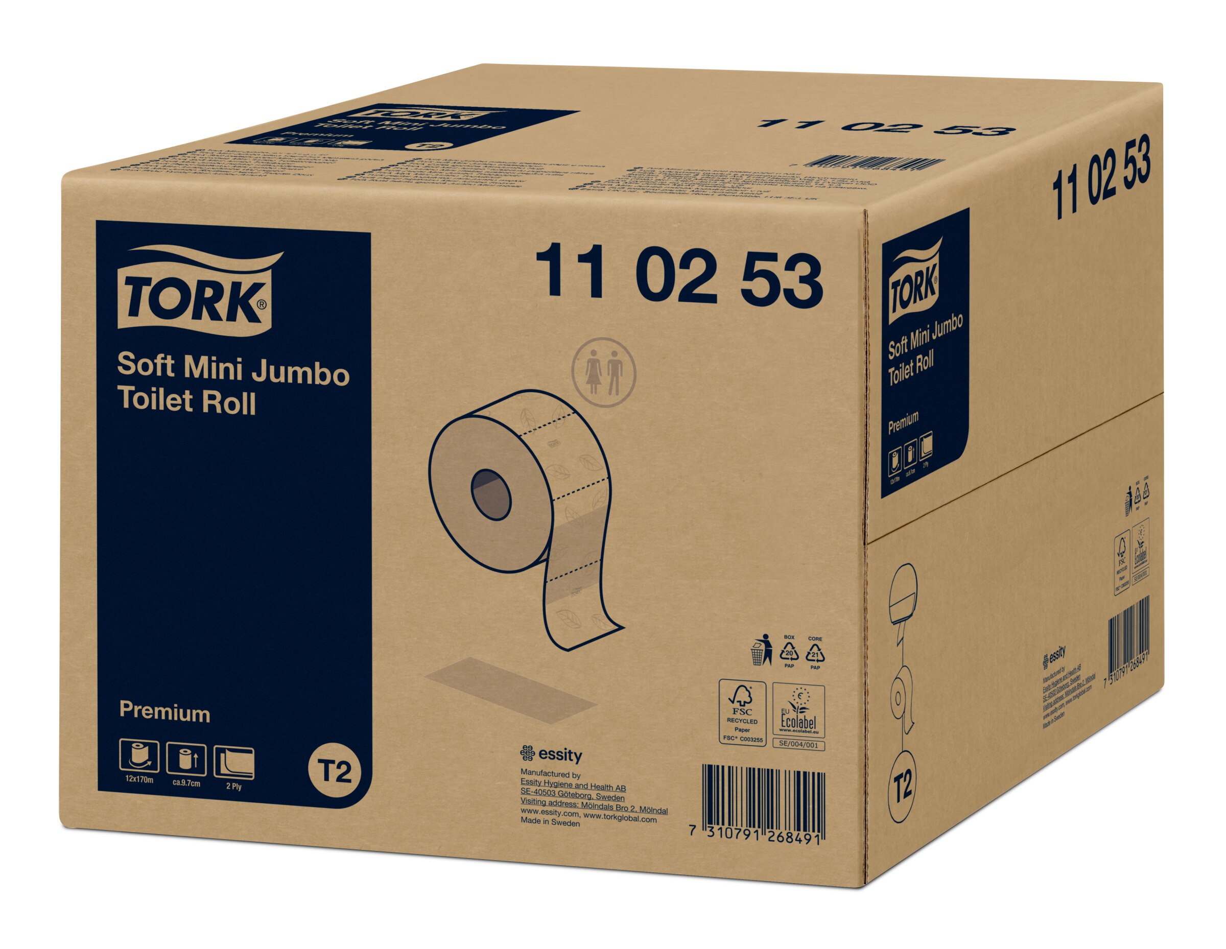 Distributeur Papier Toilette TORK Mini Jumbo T2 - Design Compact 254x355x133mm - Pour Toilettes Publiques Ou Maison