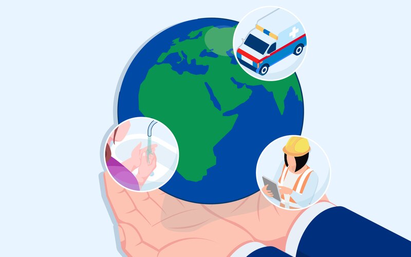 Hands holding globe with bubbles indicating handwashing, industrial and healthcare industries