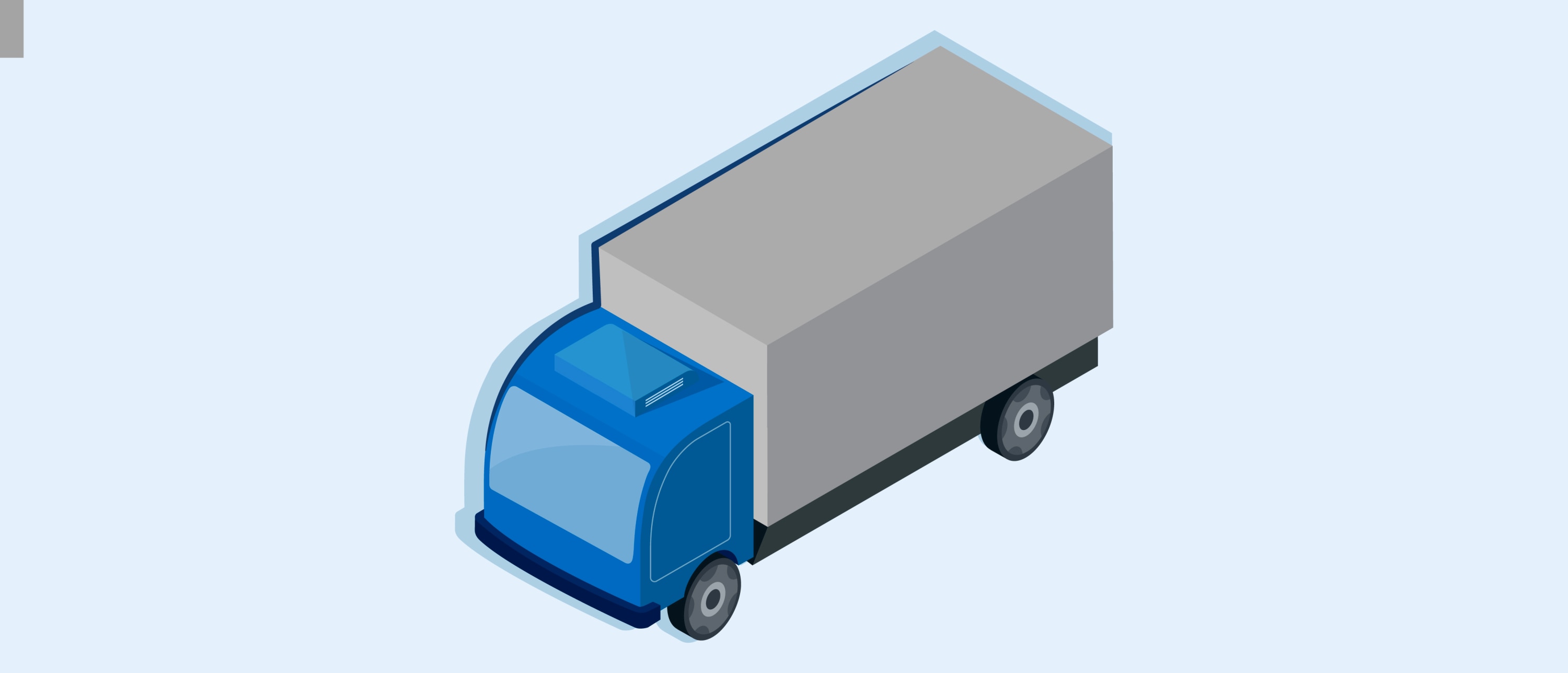 Blue delivery truck with a gray cargo box, against a pale blue background