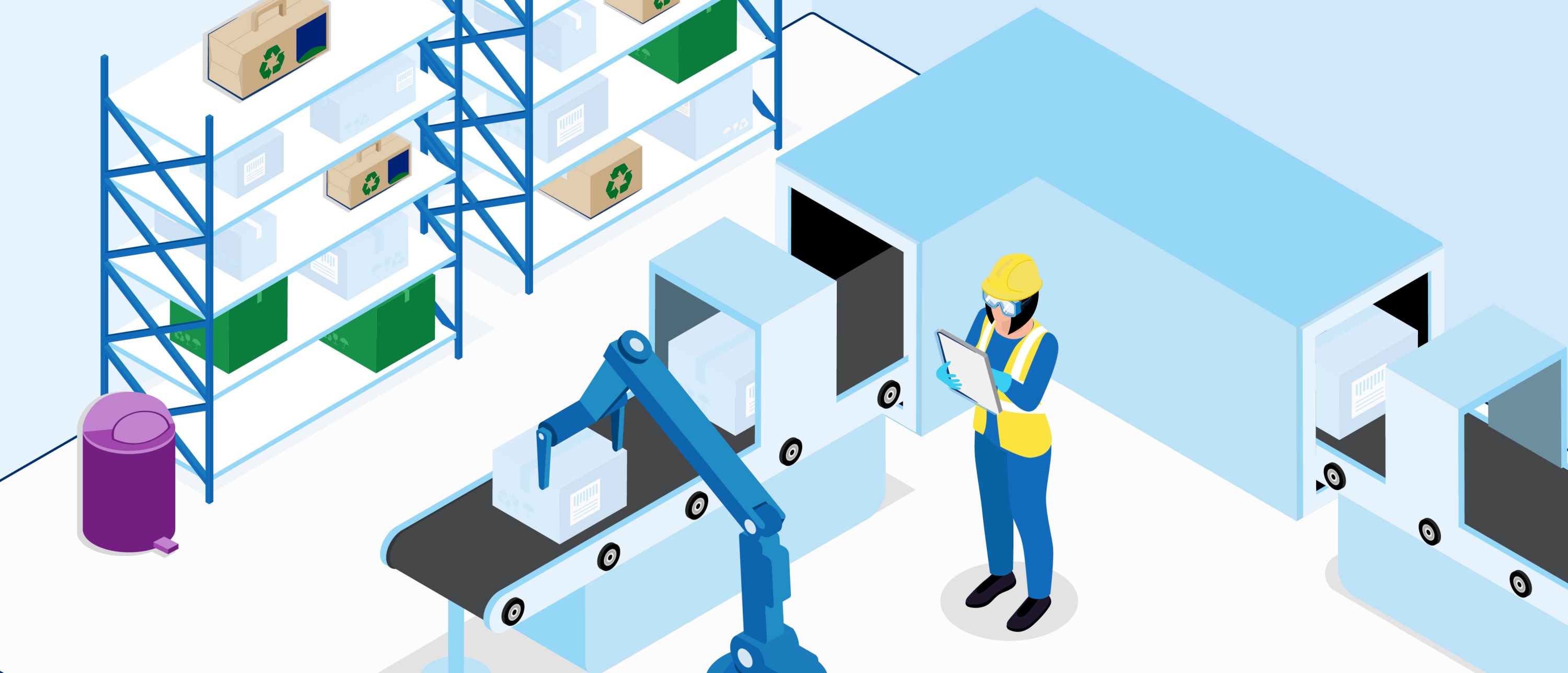Sustainable manufacturing worker in a hard hat checking a tablet while a robotic arm places boxes on a conveyor belt.
