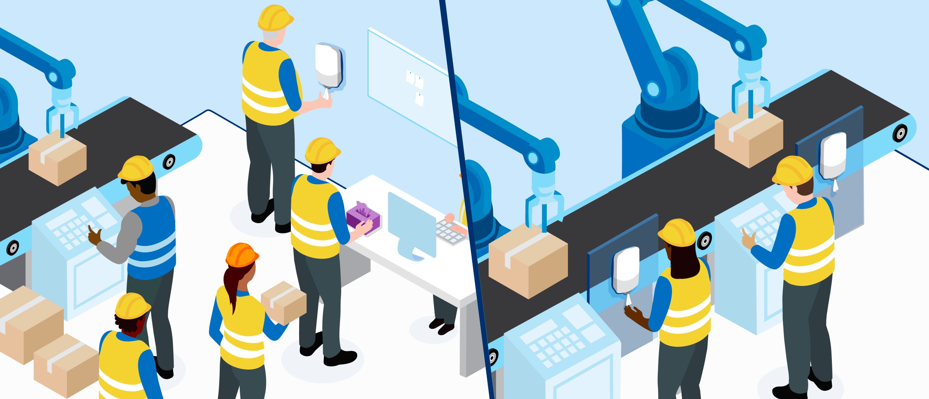 Split image of workers on a manufacturing floor by a conveyer belt, sorting boxes and using wipe dispensers
