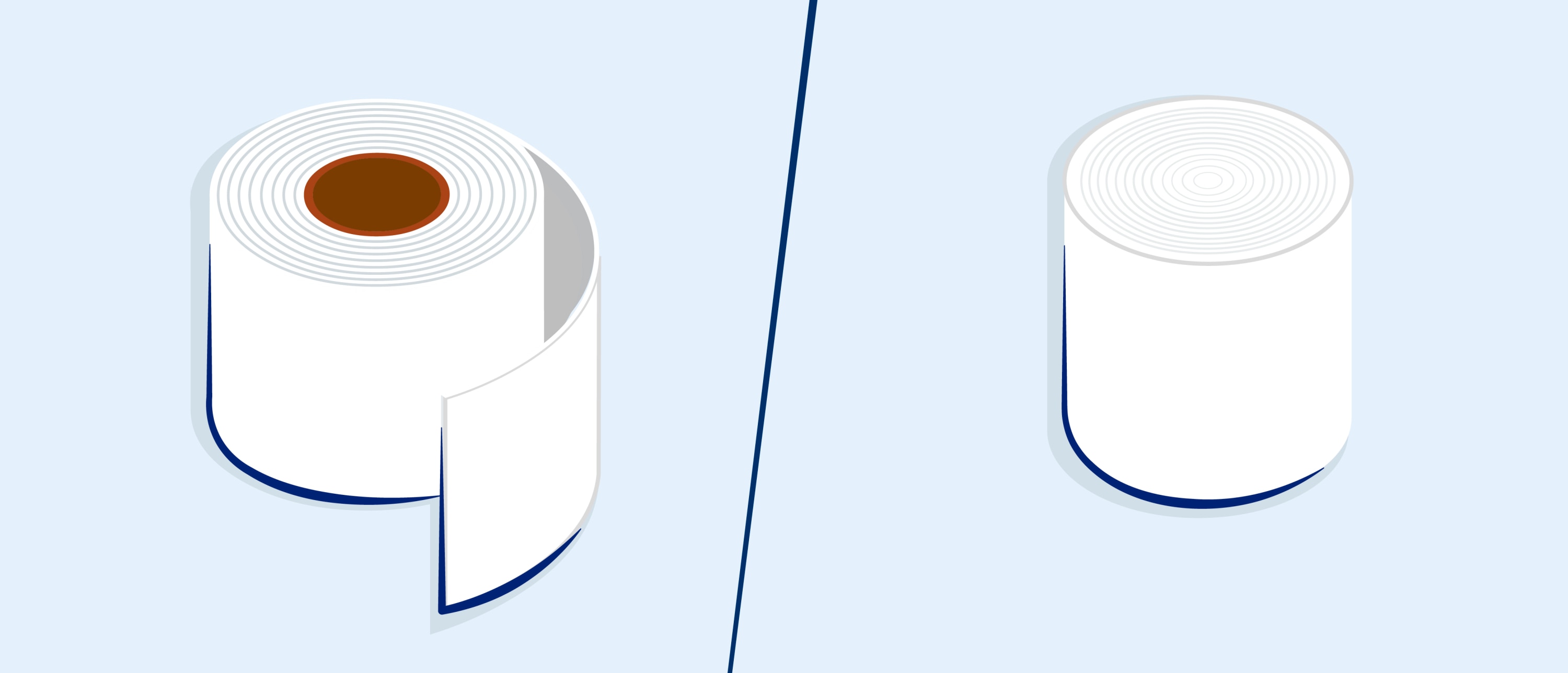 A split illustration comparing a traditional toilet paper roll with a visible cardboard core (left) and a coreless toilet paper roll (right).