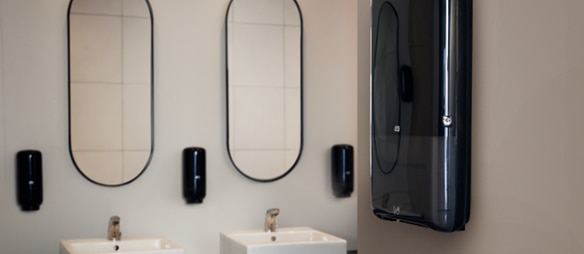Moderne sanitaire ruimte met Tork PeakServe dispenser naast wastafels en spiegels